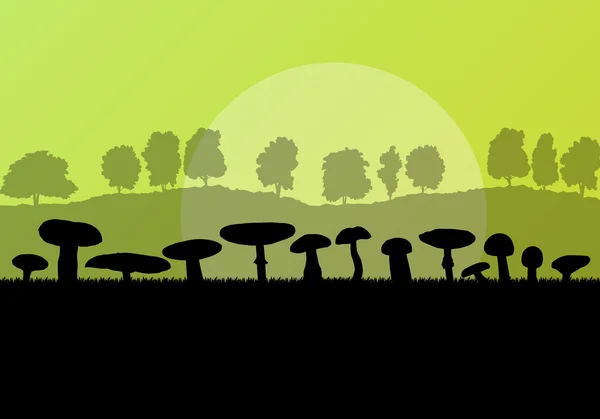 Champignons paysage en face de forêt automne vecteur fond — Image vectorielle