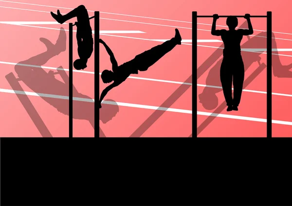 Homme de fitness actif et fort faisant des pompes dans la silhouette sportive — Image vectorielle