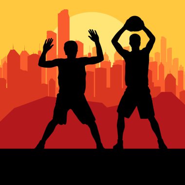 basketbolcular şehir günbatımı vektör arka plan önünde