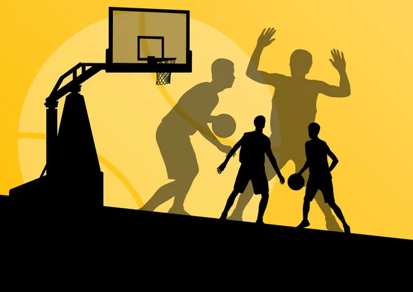 Jogadores de basquete jovens silhuetas esportivas ativas vetor backgro — Vetor de Stock