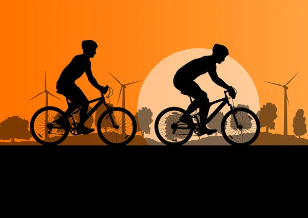 Etkin bisikletçiler Bisiklet binici kırsal doğa manzara b — Stok Vektör