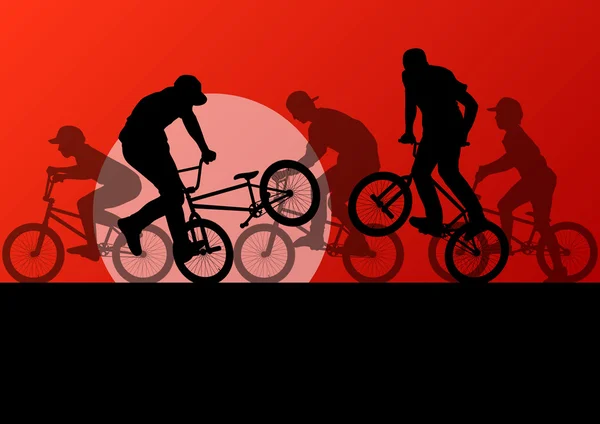 Aşırı bisikletçi genç aktif spor siluetleri vektör arka plan — Stok Vektör