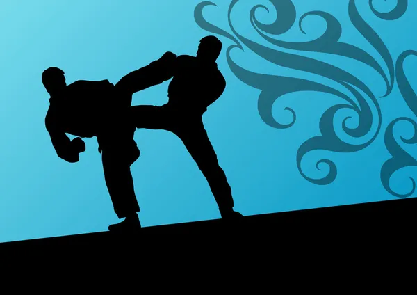 Activo tae kwon do martial arts fighters combate lucha y patadas deporte siluetas ilustración fondo vector — Archivo Imágenes Vectoriales