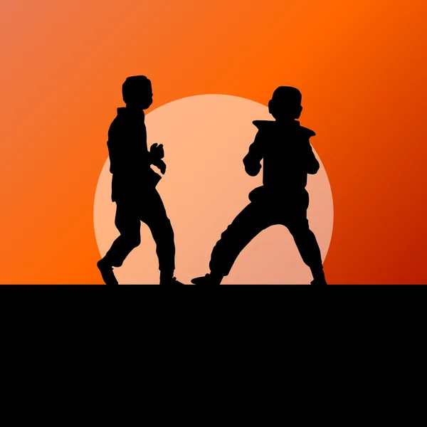 Etkin Tekvando dövüş sanatları savaşçı mücadele ve spor siluetleri illüstrasyon vektör arka plan tekme ile mücadele — Stok Vektör
