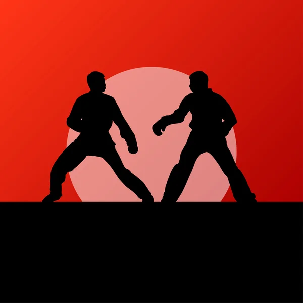 Activo tae kwon do martial arts fighters combate lucha y patadas deporte siluetas ilustración fondo vector — Archivo Imágenes Vectoriales