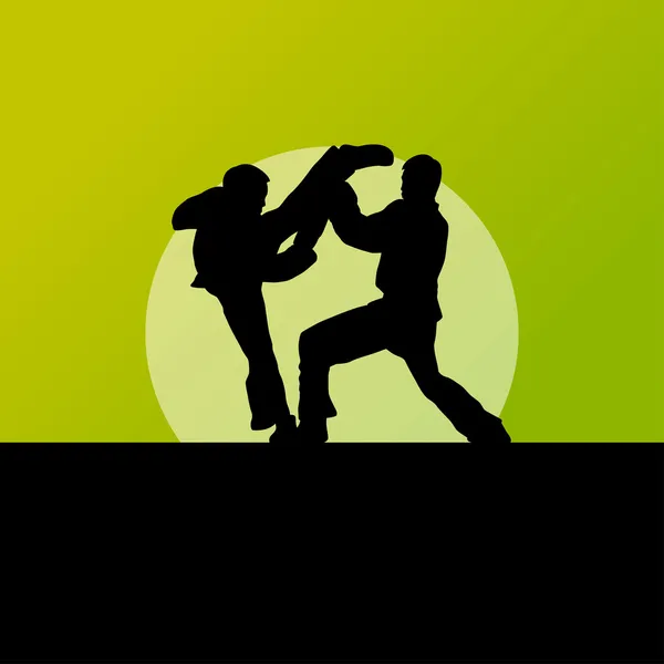 Active tae kwon do martial arts fighters combat fighting and kicking sport silhouettes illustration background vector — Stock Vector