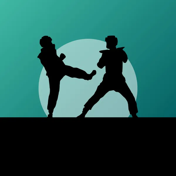 Activo tae kwon do martial arts fighters combate lucha y patadas deporte siluetas ilustración fondo vector — Archivo Imágenes Vectoriales