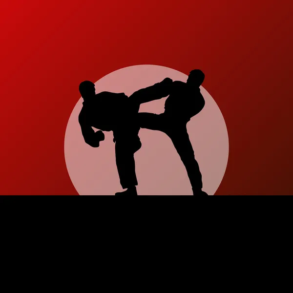 Ativo tae kwon do artes marciais lutadores combater a luta e chutando silhuetas desportivas ilustração fundo vetor —  Vetores de Stock