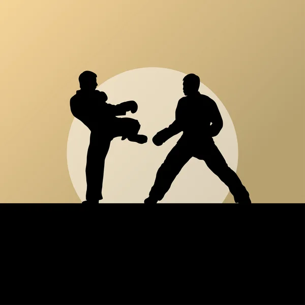 Activo tae kwon do martial arts fighters combate lucha y patadas deporte siluetas ilustración fondo vector — Archivo Imágenes Vectoriales