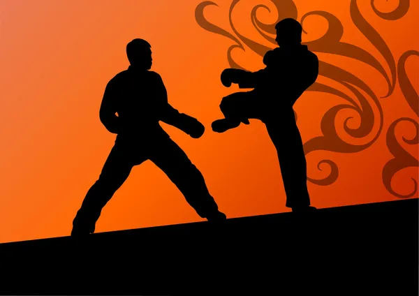 Attivo tae kwon fare arti marziali combattenti combattere la lotta e calci silhouette sportive illustrazione sfondo vettore — Vettoriale Stock