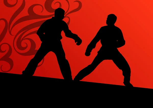 Activo tae kwon do martial arts fighters combate lucha y patadas deporte siluetas ilustración fondo vector — Vector de stock