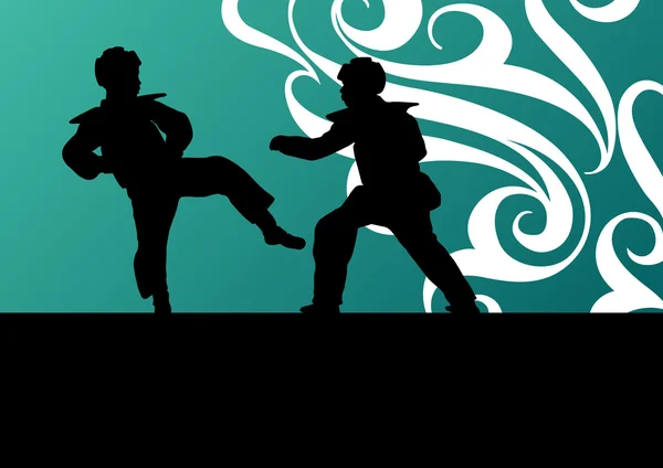 Active tae kwon do arts martiaux combattants combats et coups de pied silhouettes sportives illustration arrière-plan vecteur — Image vectorielle