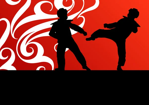 Активные тхэ-квон до боевых искусств бойцы боевых действий и ногами спортивных силуэтов иллюстрации вектор заднего фона — стоковый вектор