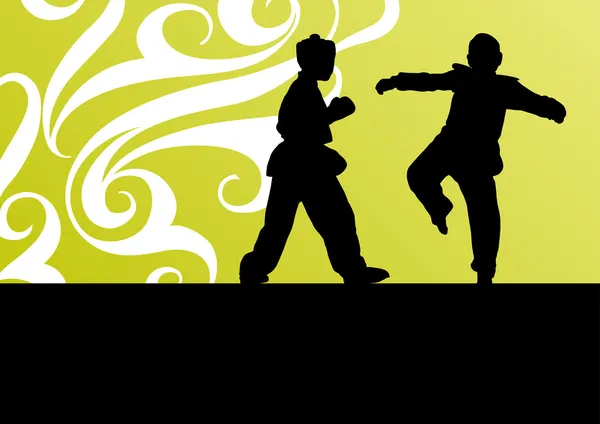 Actieve tae kwon martial arts fighters bestrijding van gevechten en schoppen sport silhouetten Afbeelding achtergrond vector — Stockvector