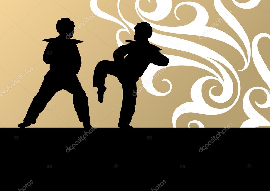 Active tae kwon do martial arts fighters combat fighting and kicking sport silhouettes illustration background vector