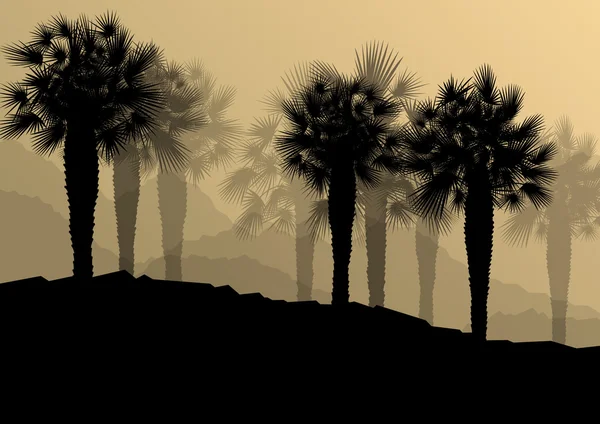 Palmiye ağacı siluetleri vahşi doğa manzara arka plan illustrat — Stok Vektör