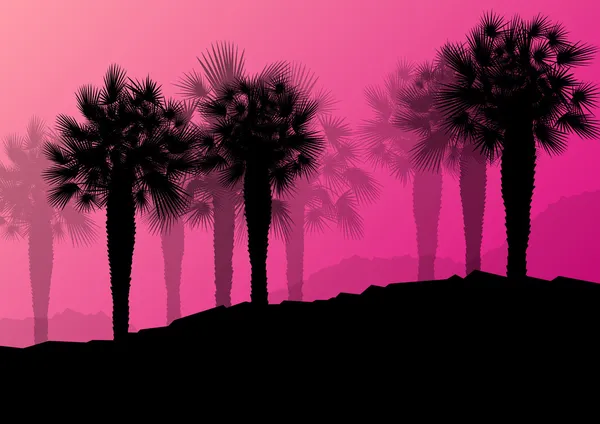 Palma silhouettes selvaggio natura paesaggio sfondo illustrat — Vettoriale Stock