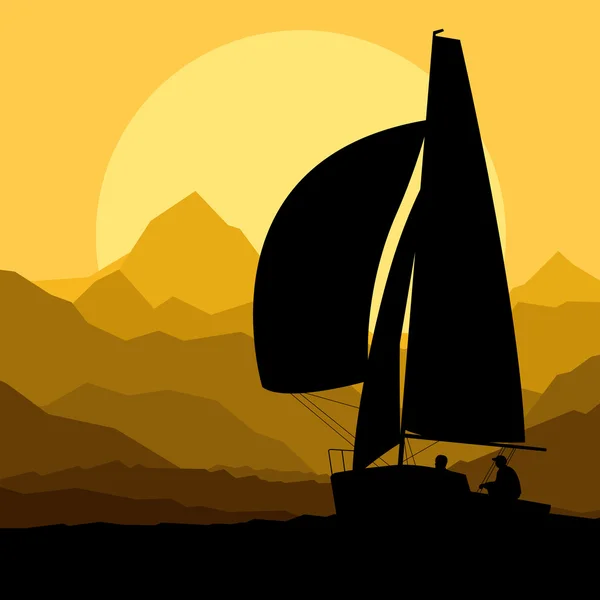 Yacht segling vektor bakgrund koncept framför berg — Stock vektor