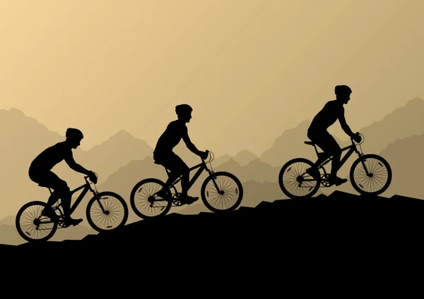 Hombres activos ciclistas ciclistas en tierras de naturaleza salvaje de montaña — Vector de stock