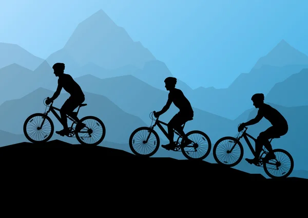 Hommes actifs cyclistes cyclistes cyclistes dans la nature sauvage de montagne — Image vectorielle