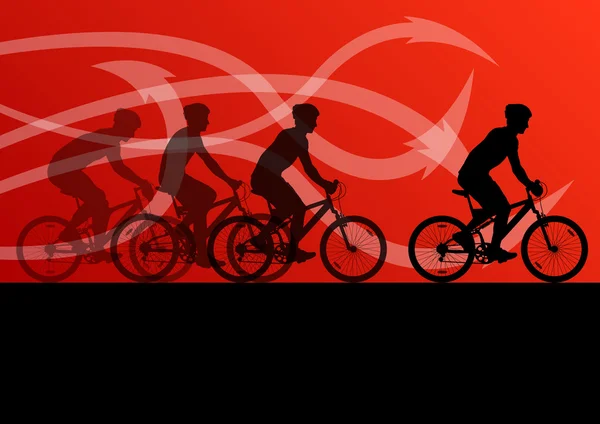 Active men cyclists bicycle riders in abstract arrow line landsc — Stock Vector
