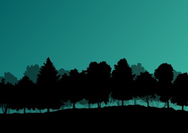 Orman ağaçlarının silhouettes doğal vahşi manzara detaylı illustr
