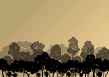 Orman ağaçlarının silhouettes doğal vahşi manzara detaylı illustr