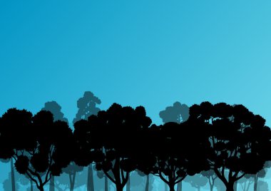 Orman ağaçlarının silhouettes doğal vahşi manzara detaylı illustr