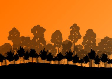 Orman ağaçlarının silhouettes doğal vahşi manzara detaylı illustr