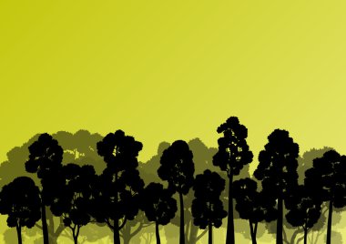 Orman ağaçlarının silhouettes doğal vahşi manzara detaylı illustr