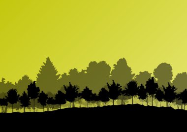 Orman ağaçlarının silhouettes doğal vahşi manzara detaylı illustr