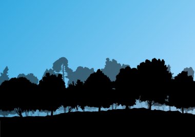 Orman ağaçlarının silhouettes doğal vahşi manzara detaylı illustr