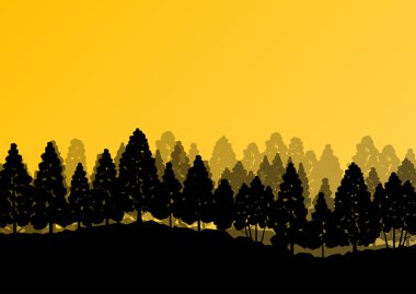 Orman ağaçlarının silhouettes doğal vahşi manzara detaylı illustr