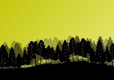 Orman ağaçlarının silhouettes doğal vahşi manzara detaylı illustr