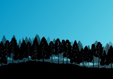 Orman ağaçlarının silhouettes doğal vahşi manzara detaylı illustr