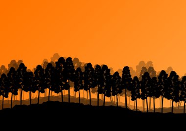 Orman ağaçlarının silhouettes doğal vahşi manzara detaylı illustr