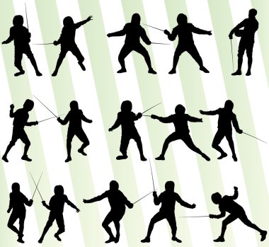 Fencing sport silhouette vector background set clipart