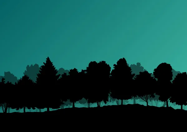 Lesní stromy siluety přírodní divoká krajina podrobné úsporných — Stockový vektor
