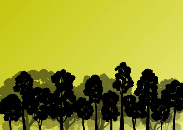 Skogens träd silhuetter naturliga vilda landskap detaljerad illustr — Stock vektor