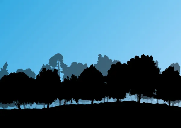 Orman ağaçlarının silhouettes doğal vahşi manzara detaylı illustr — Stok Vektör