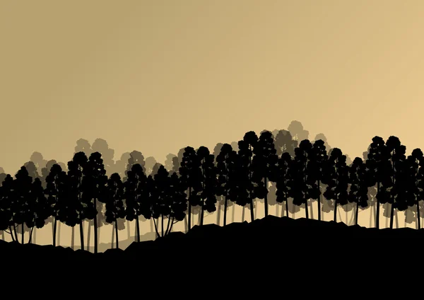 Orman ağaçlarının silhouettes doğal vahşi manzara detaylı illustr — Stok Vektör