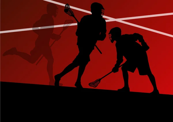 Jogadores de lacrosse ativo esportes silhuetas fundo ilustrati — Vetor de Stock