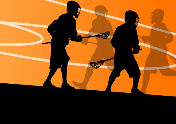 Jogadores de lacrosse ativo esportes silhuetas fundo ilustrati — Vetor de Stock