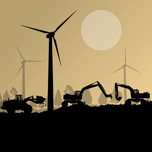 Wind electricity generators with excavator loaders in countrysid — Stock Vector