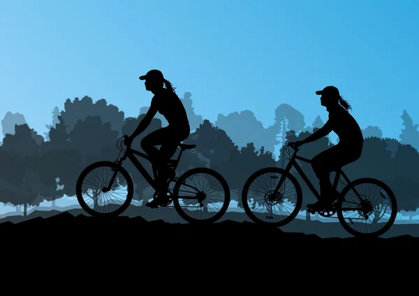 Активные велосипедисты велосипедисты в диких лесах природный ландшафт b — стоковый вектор