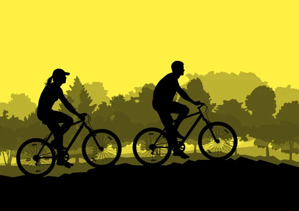 Ciclistas activos ciclistas en bosque salvaje naturaleza paisaje b — Vector de stock