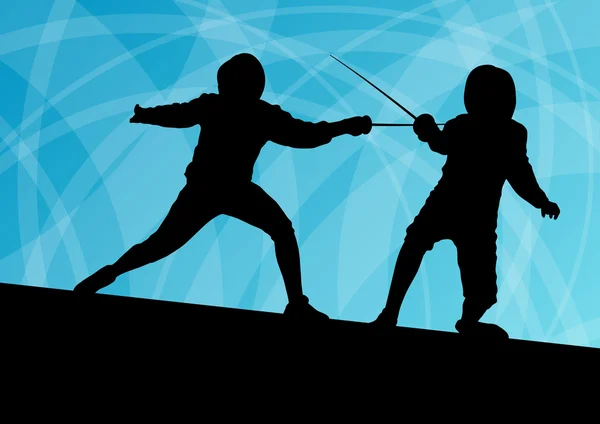 Combattants d'épée jeunes hommes actifs escrime silhouettes sportives vecteur — Image vectorielle