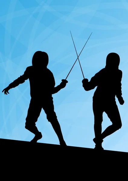 Sword fighters active young men fencing sport silhouettes vector — Stock Vector