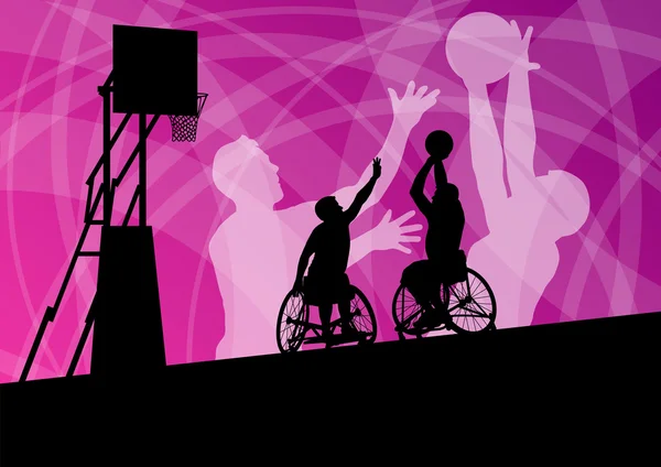 Jogadores de basquete jovens deficientes ativos em uma cadeira de rodas det —  Vetores de Stock