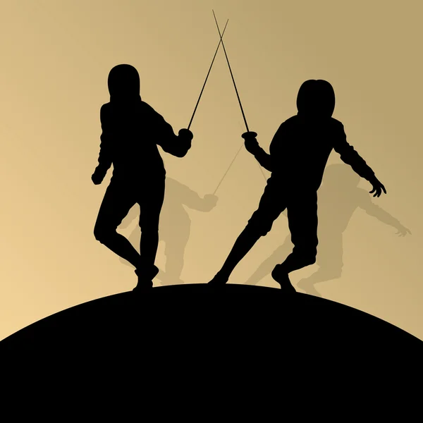 Fencing active young teenager sword fighting sport silhouettes v — Stock Vector